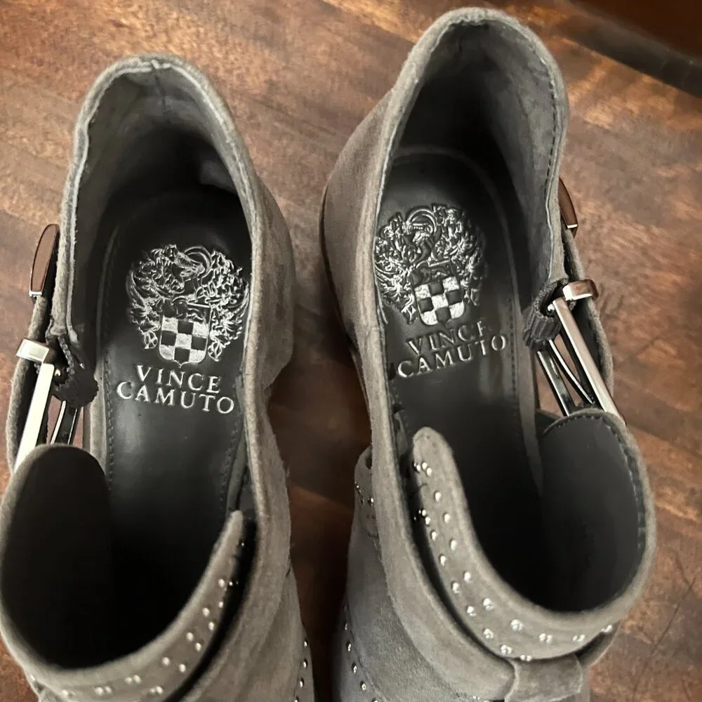 Vince Camuto Grey Suede Raina Studded Buckled Booties Women's Edgy Boho 6M - Picture 9 of 11